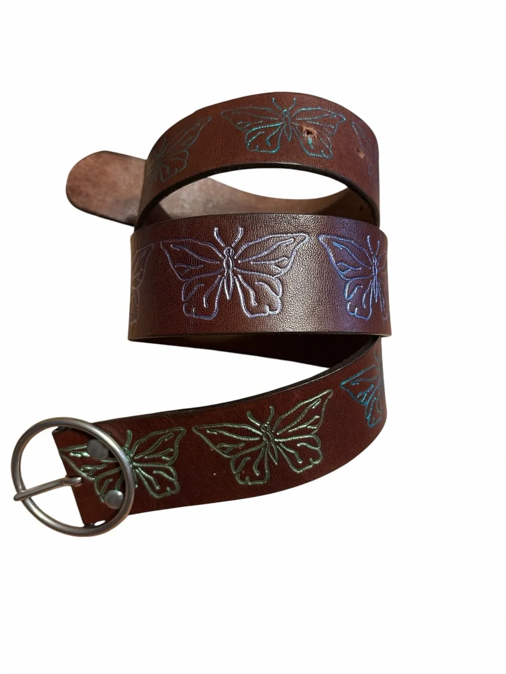 Brown Leather Belt with Iridescent Butterfly Embossing